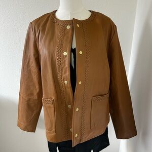 Susan Graver Caramel Leather Jacket with Braided Detail